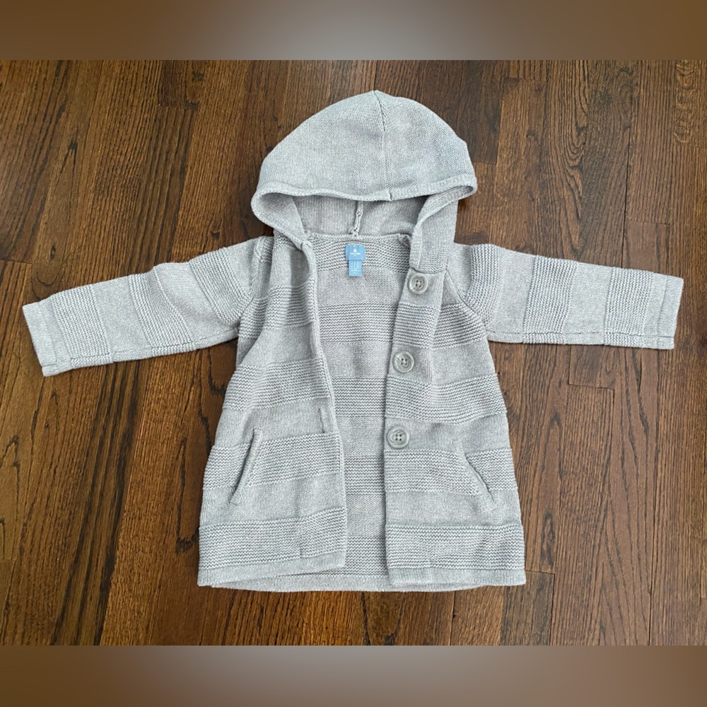 Baby GAP- 100% cotton Hooded Knit Cardigan Light Gray pockets button front 3yrs - Picture 2 of 12